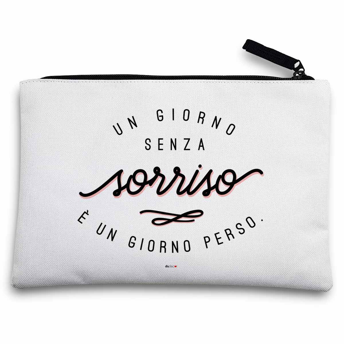 Astuccio grande in cotone bianco per riporre trucchi con scritta Sorriso