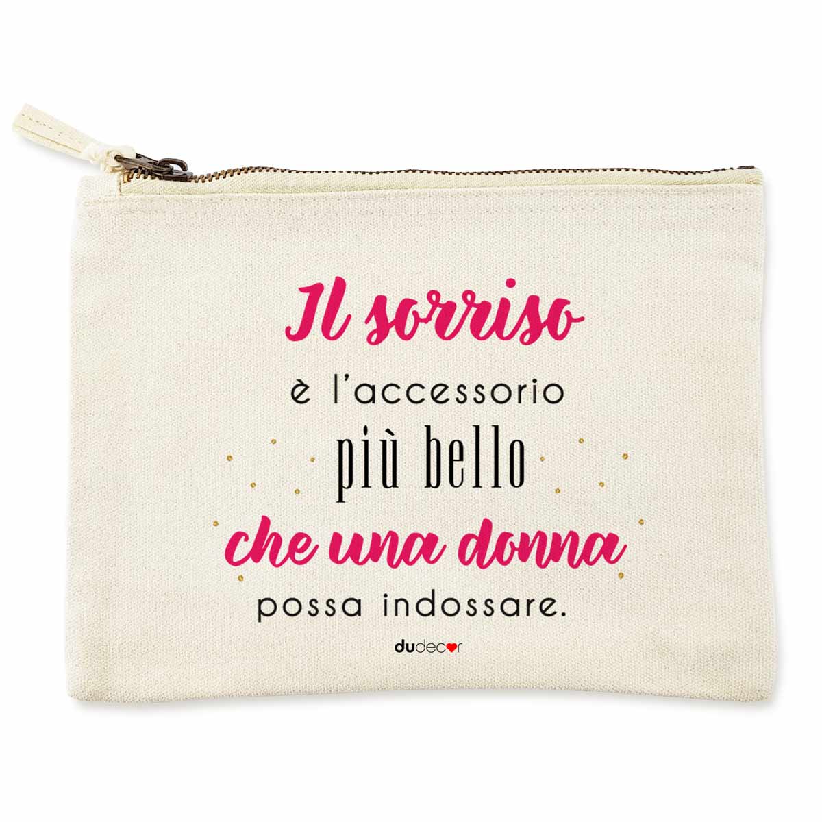 Astuccio in cotone bianco per riporre trucchi con scritta Pochette Sorriso