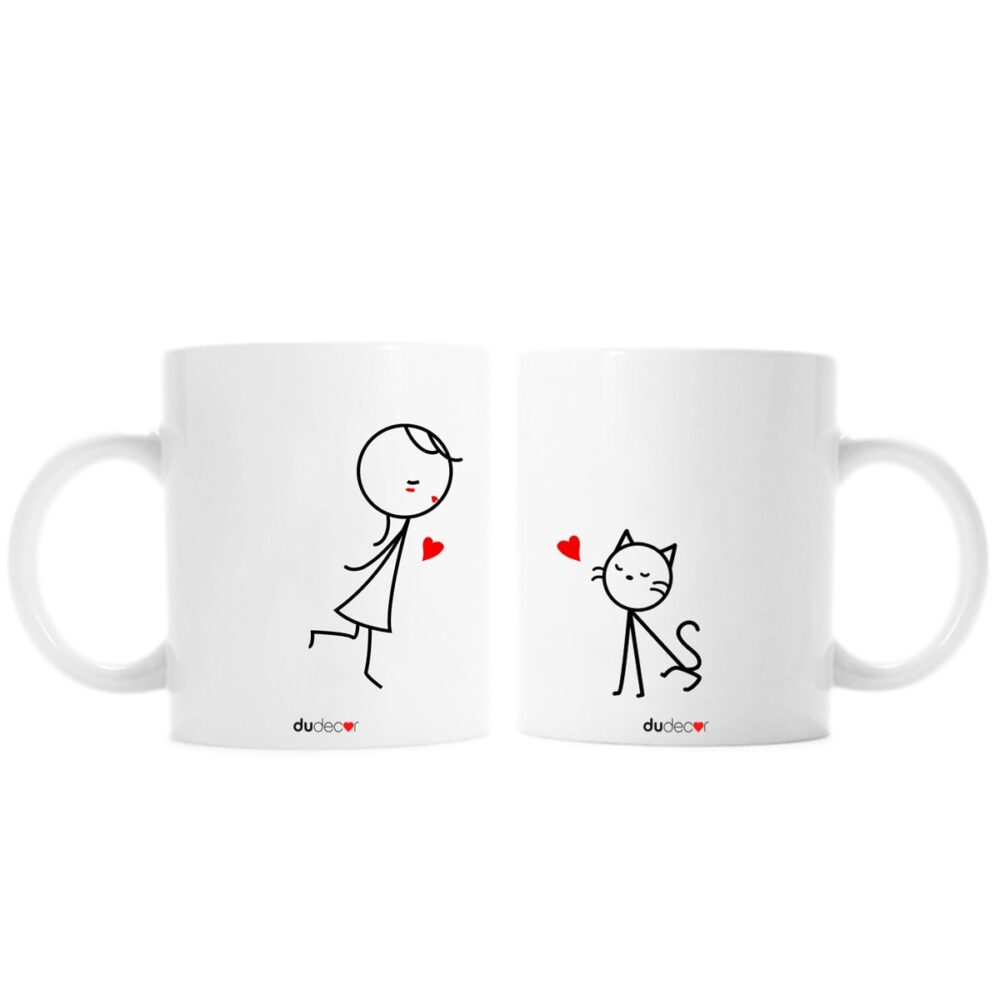 Coppia di tazze Amore Felino con illustrazione minimal di ragazza e gatto innamoratiQuando l’amore ha le fusa.