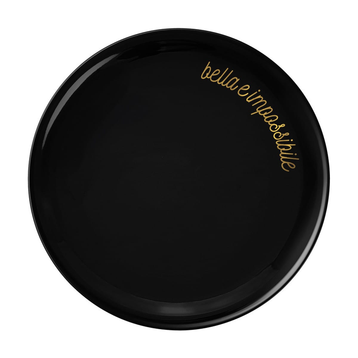 Piatto pizza nero in porcellana con scritta “Bella e impossibile” in oro zecchino, design elegante DuDecor