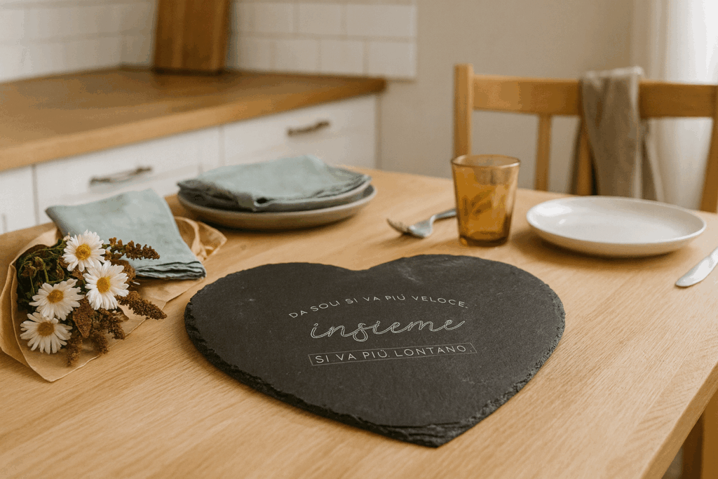 Tagliere a forma di cuore DuDecor con frase “Insieme si va più lontano” in un contesto conviviale di casa vissuta.