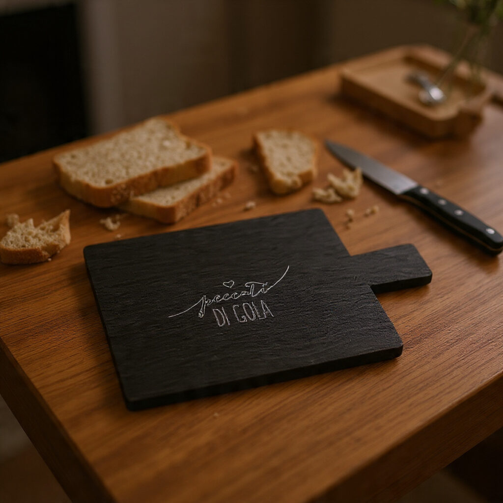 Tagliere Dudecor in ardesia con scritta “peccati di gola” appoggiato su un tavolo di legno, con pane già tagliato e briciole in una cucina di casa, illuminata da luce naturale.