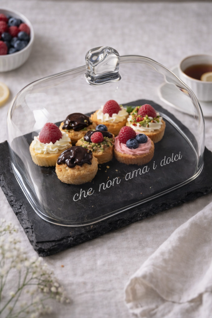 Campana in vetro con pasticcini assortiti su base in ardesia nera con scritta incisa parzialmente visibile “che non ama i dolci”, su tavola luminosa