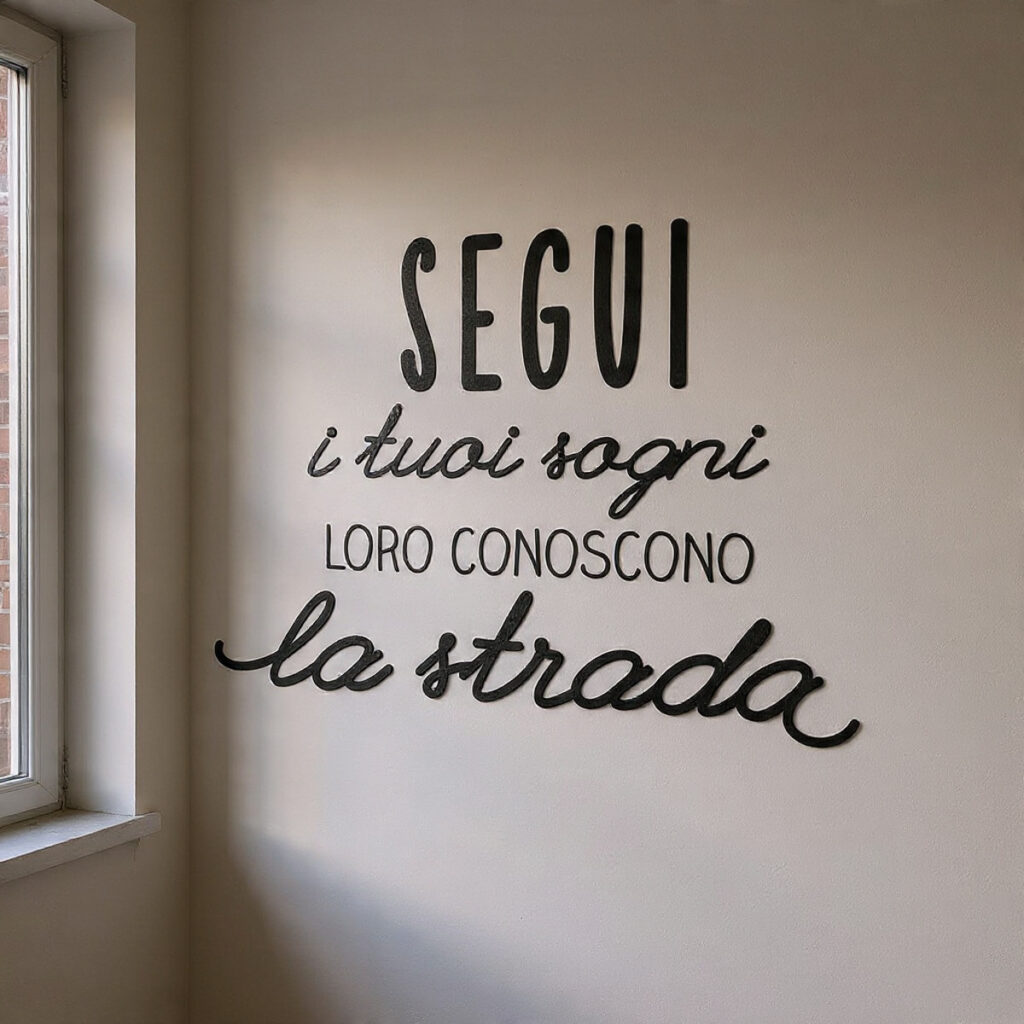 Frase da parete Dudecor con scritta “Segui i tuoi sogni, loro conoscono la strada” su una parete chiara di casa, illuminata da luce naturale laterale.