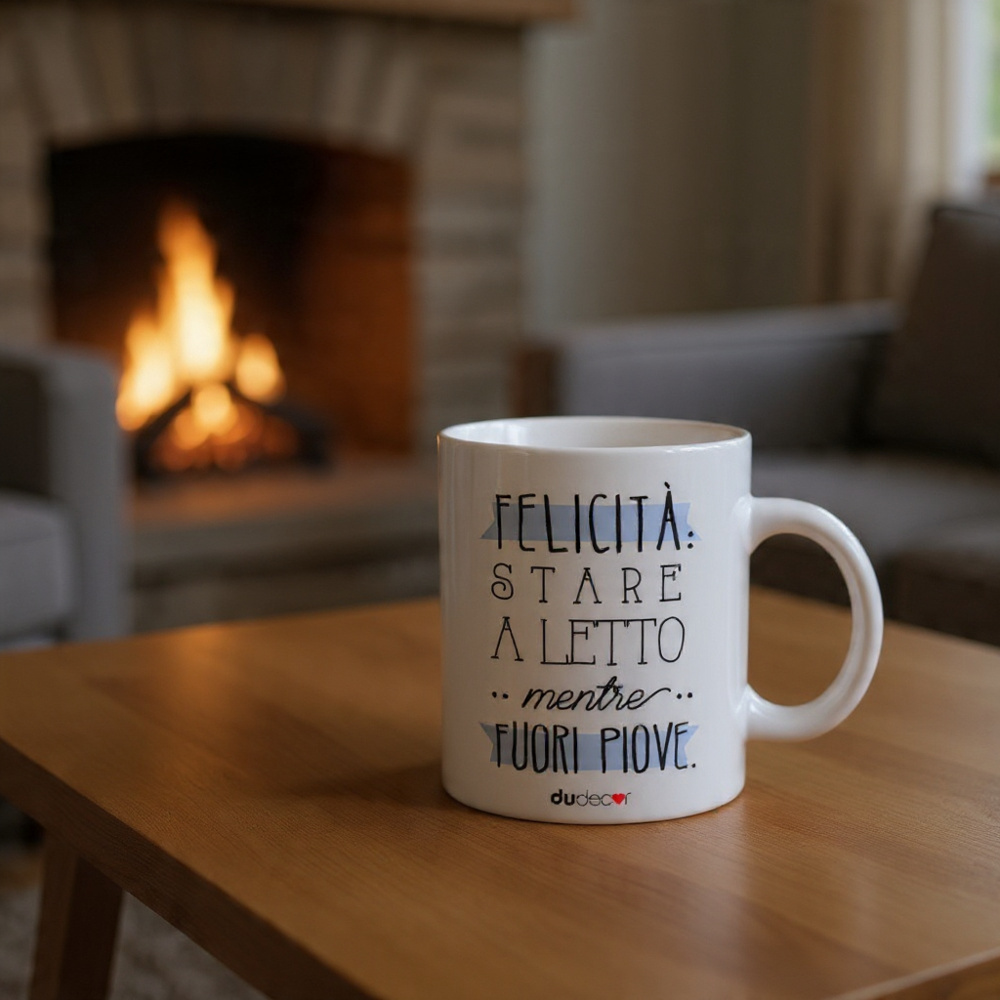 Tazza Dudecor con frase “Felicità: stare a letto mentre fuori piove” appoggiata su un tavolino di legno in soggiorno, con camino acceso sullo sfondo e luce calda serale.
