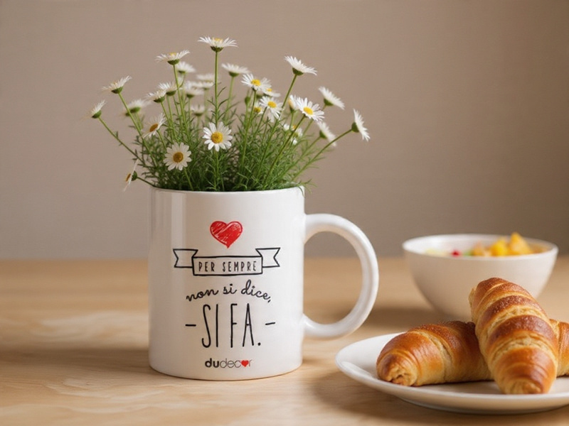 Tazza Dudecor con scritta ironica usata come vasetto con fiori di campo, su tavola da colazione con cornetti