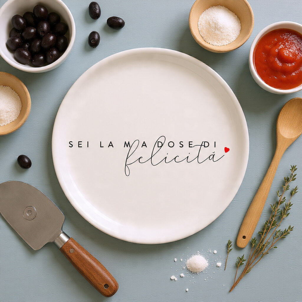 Piatto in porcellana Dudecor con scritta “Sei la mia dose di felicità” ambientato in still life su tavolo da cucina con ingredienti per pizza