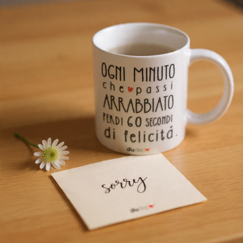 Tazza Dudecor con scritta sulla felicità appoggiata su tavolo in legno con biglietto “sorry” e fiore, idea regalo per chiedere scusa