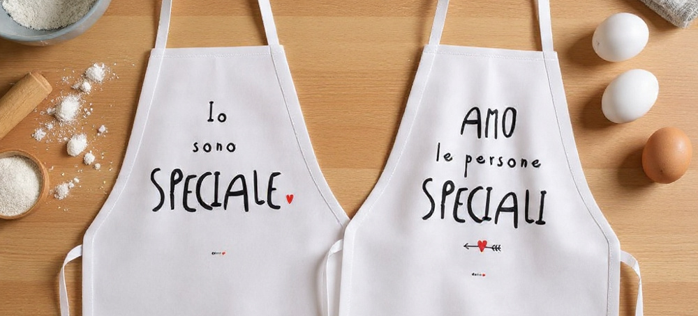 Grembiuli Dudecor a grandezza reale appoggiati su tavolo in legno con farina e uova in cucina