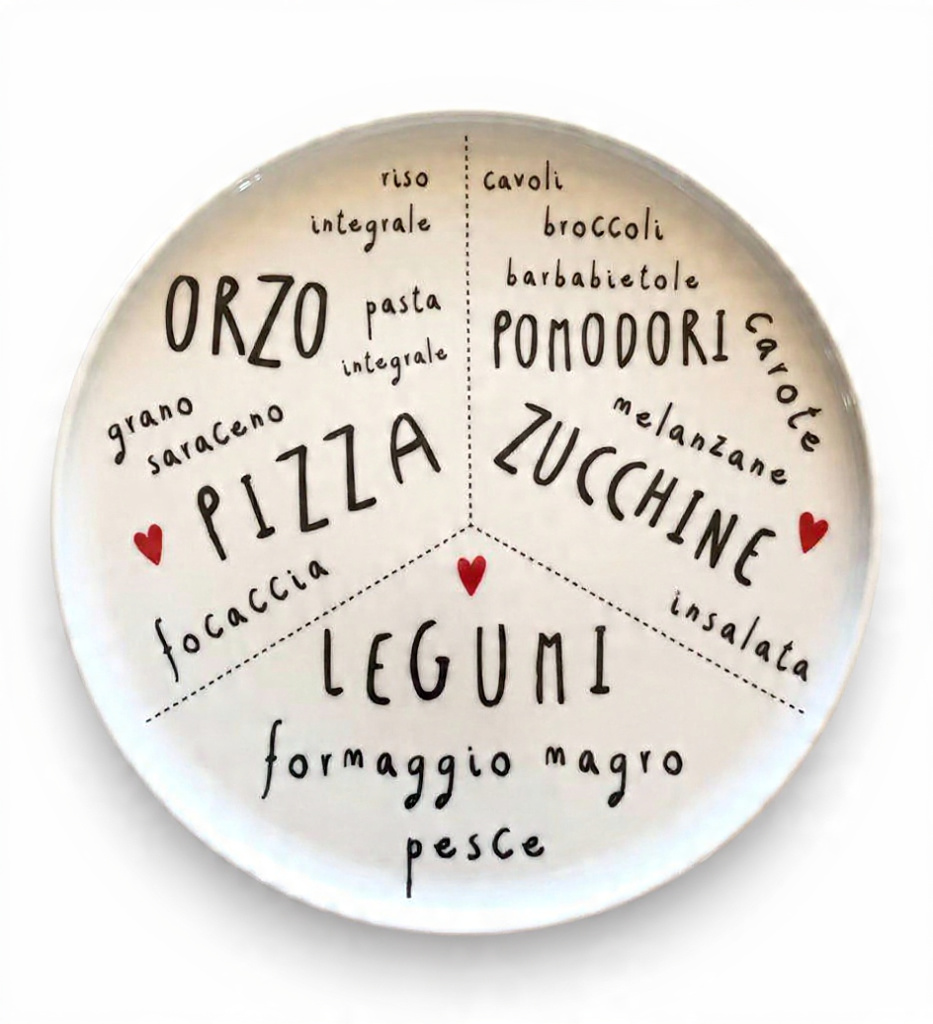 Piatto in porcellana Dudecor con grafica del piatto equilibrato, suddiviso in cereali, verdure e proteine