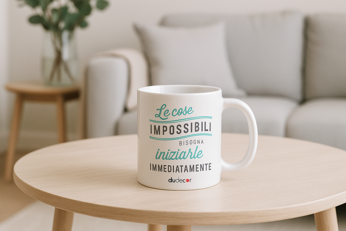 Tazza DuDecor “Le cose impossibili bisogna iniziarle immediatamente” su tavolino in legno chiaro in salotto dallo stile nordico
