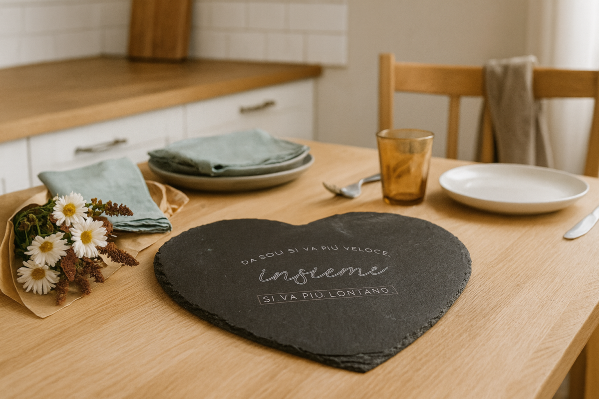 Tagliere a forma di cuore DuDecor con frase “Insieme si va più lontano” in un contesto conviviale di casa vissuta.