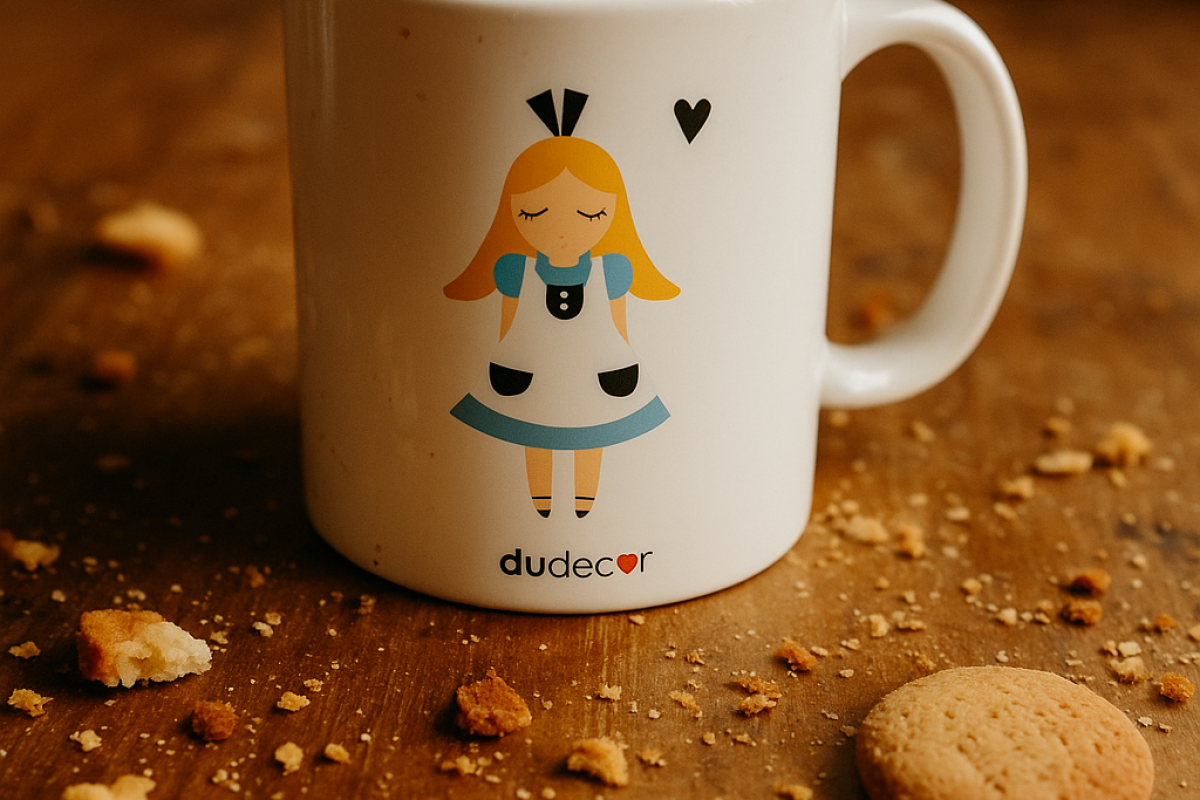 Tazza Dudecor Alice in un angolo di casa luminoso, con piccoli oggetti fuori posto e atmosfera quotidiana.